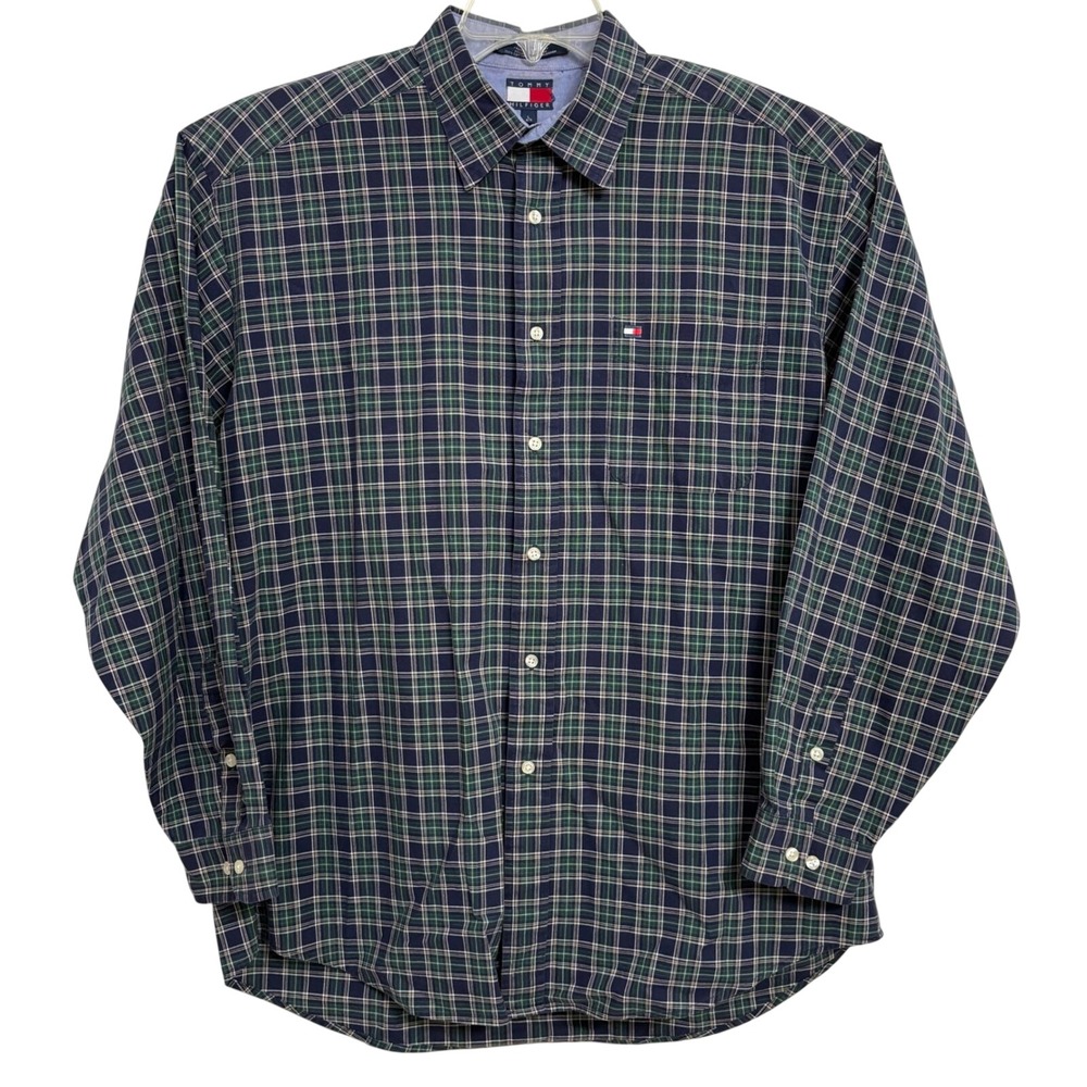 VTG 90's Tommy Hilfiger Men Big Shirt Relaxed Fit Large Plaid Blue Green L-2XL